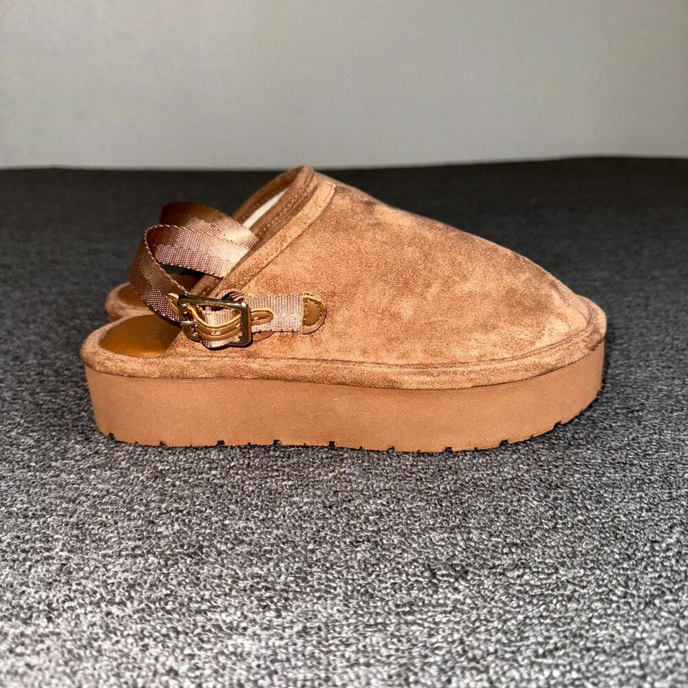 Madden NYC Platform Clogs Girl 3 Brown Suede Faux Shearling‎ Lining Buckle Strap